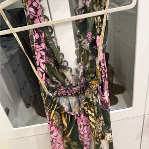 Aqua Bendita Floral Halter Romper with Pink and Green